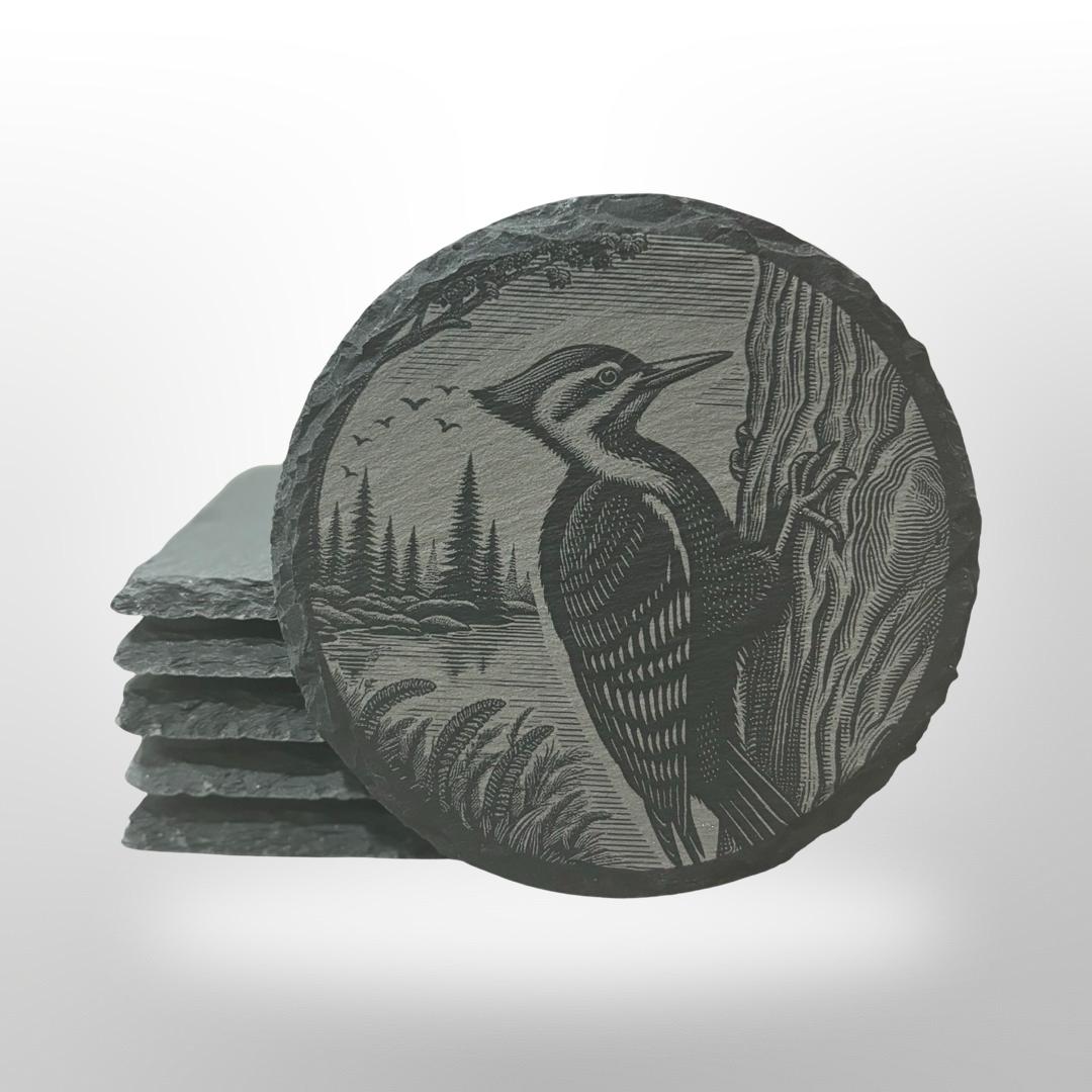 Slate coaster with a piliated woodpecker engraved onto it