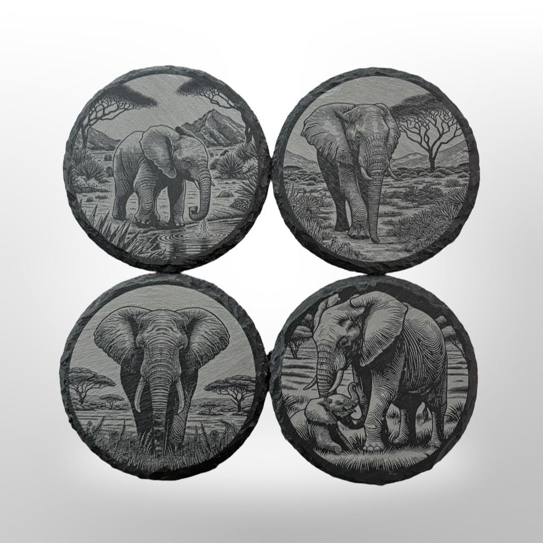 Elephant Slate Coaster Set w/ Holder, Custom Elephant Art, Classy Decor, Housewarming Gift, Birthday or Christmas Gift, Kitchen Decoration
