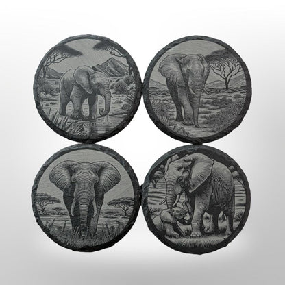 Elephant Slate Coaster Set w/ Holder, Custom Elephant Art, Classy Decor, Housewarming Gift, Birthday or Christmas Gift, Kitchen Decoration