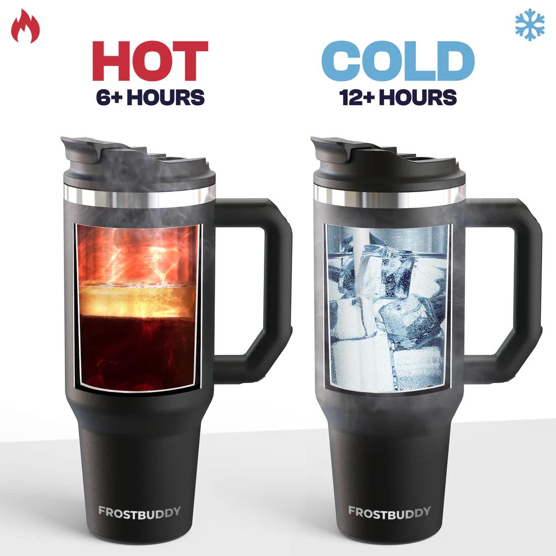 Two Frostbuddy travel mugs, one with hot beverage and one with ice, on a white background.