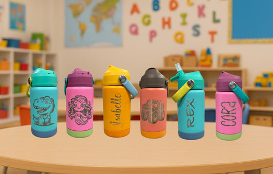 Personalized leak proof stainless steel water bottles for kids with laser engraved names and fun designs like dinosaurs, unicorns, princesses, and monster trucks, perfect for school and daycare