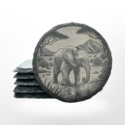 Elephant Slate Coaster Set w/ Holder, Custom Elephant Art, Classy Decor, Housewarming Gift, Birthday or Christmas Gift, Kitchen Decoration