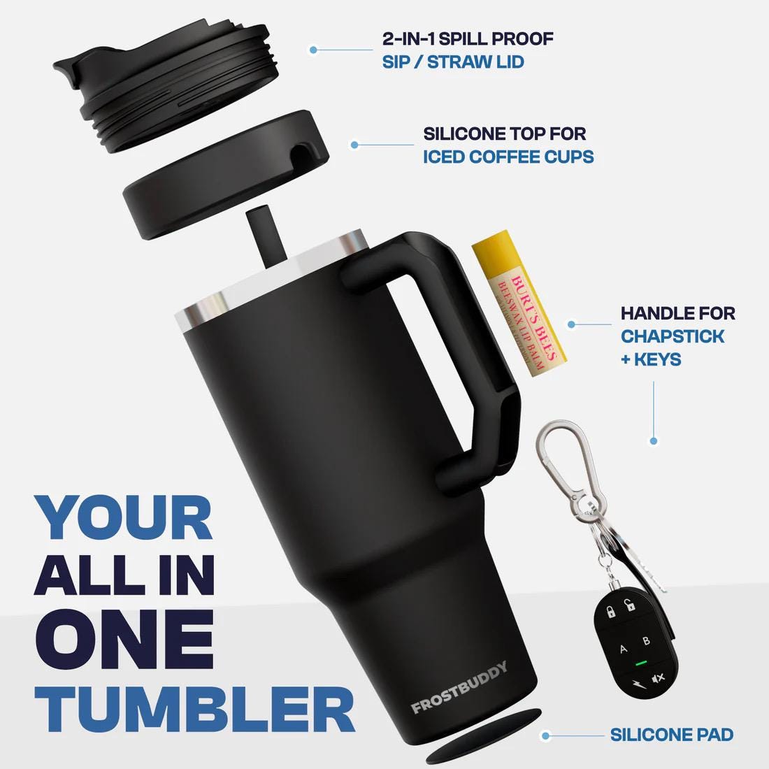 Black tumbler with multiple attachments on a white background, featuring Frostbuddy branding. Describes how it is a spill proof lid, can house to go cups, hold chap stick and keys