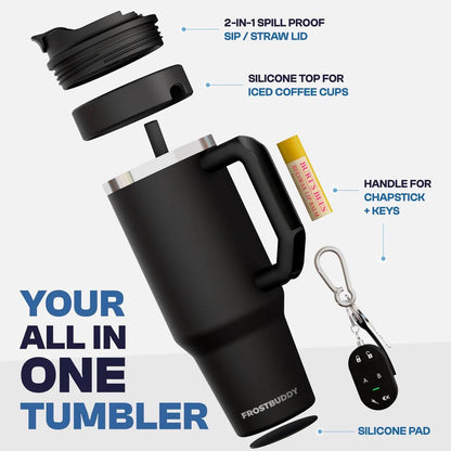 Black tumbler with multiple attachments on a white background, featuring Frostbuddy branding. Describes how it is a spill proof lid, can house to go cups, hold chap stick and keys