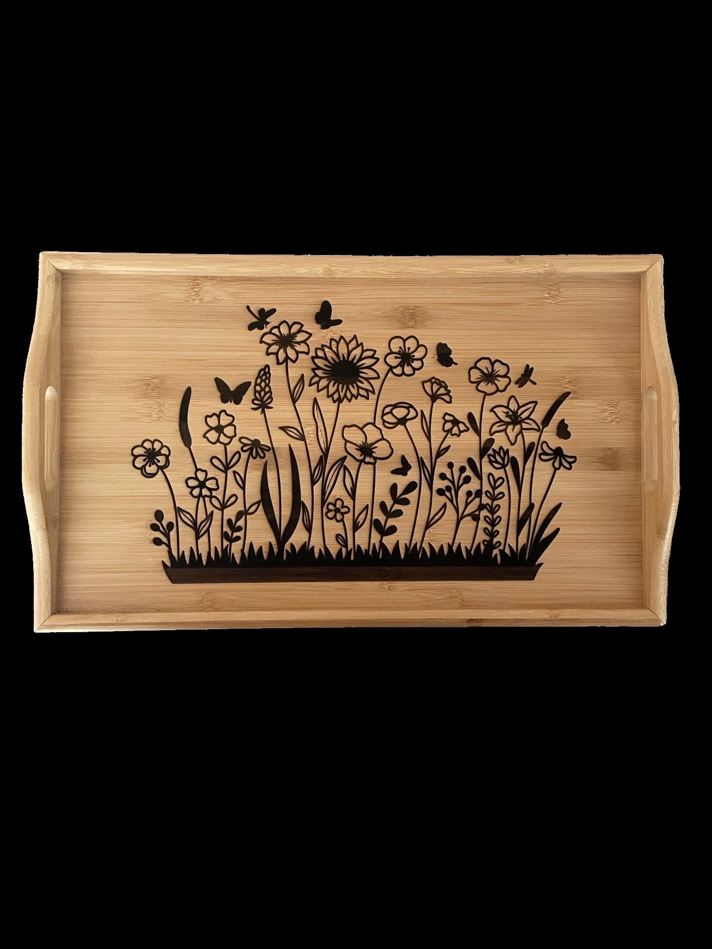 Laser Engraved Bamboo Serving Tray with Flower Art – Decorative Catch All Tray, Breakfast Tray, Wedding Gift, Valentines Gift, Housewarming