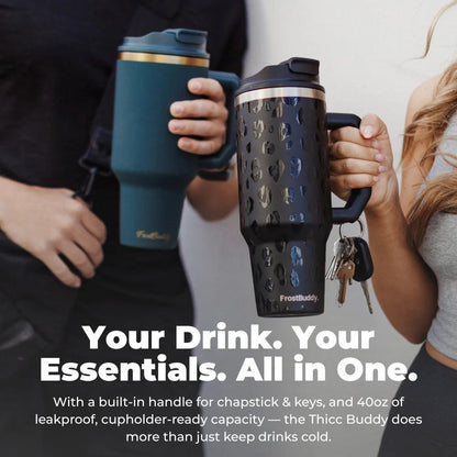 Two people holding insulated travel mugs with text highlighting features.