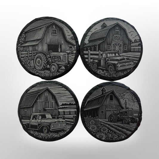 Slate Coaster Set - Farm House Collection - Vintage Truck - Antique Barn - Wedding Gift - House Warming Gift - Realtor Gift