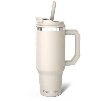 White insulated mug with handle and straw lid on a white background
