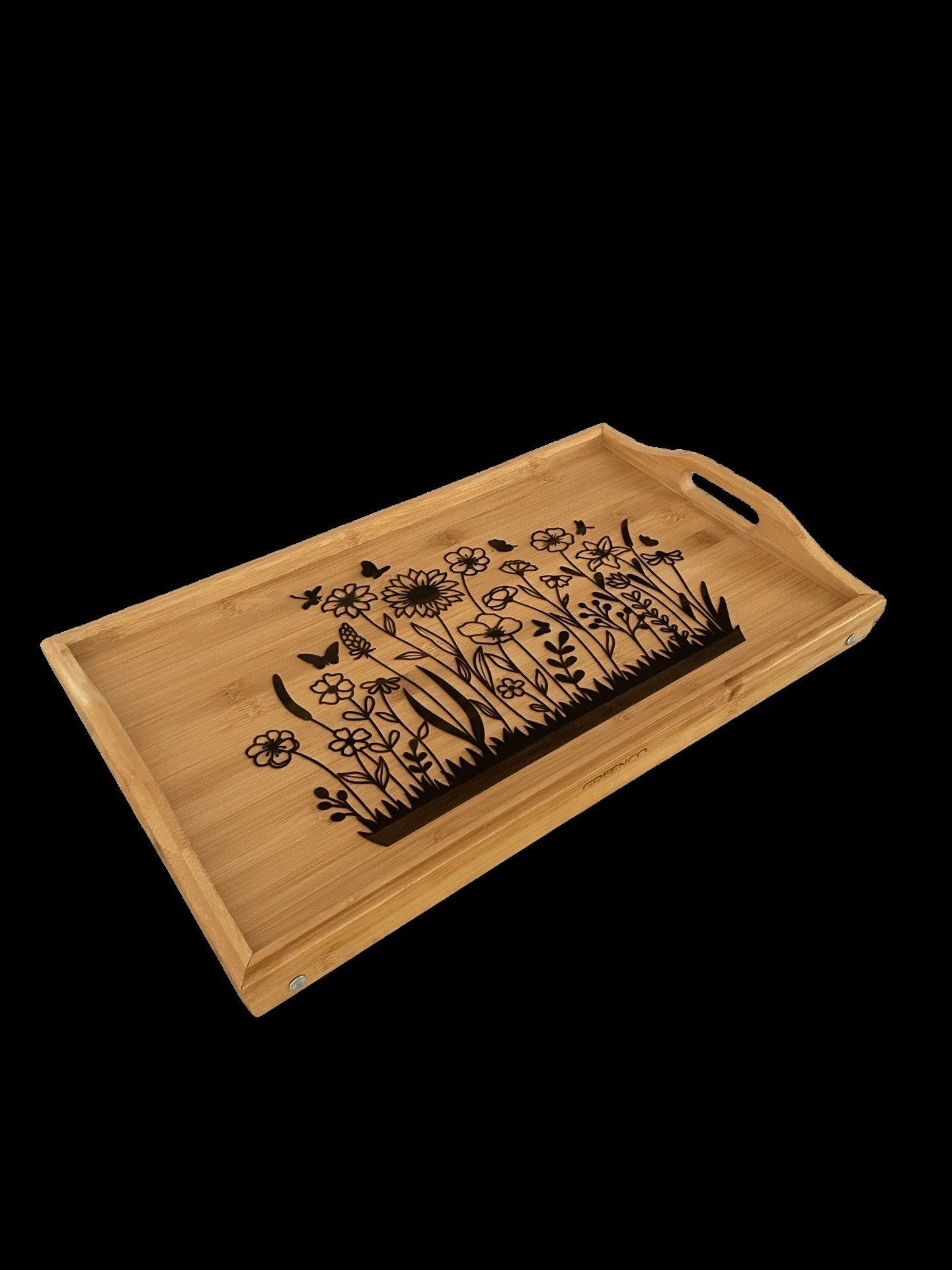 Laser Engraved Bamboo Serving Tray with Flower Art – Decorative Catch All Tray, Breakfast Tray, Wedding Gift, Valentines Gift, Housewarming