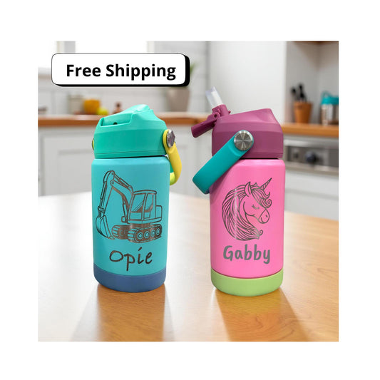 Two children's water bottles with personalized names on a kitchen counter. There is a box that indicates free shipping.