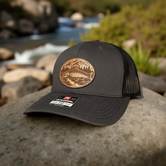 Trout Fishing Leather Patch Hat, Trucker Hat, Fishing Cap, Richardson 112,  Mens hat, Custom Patch Hat, Dad Hat, Christmas Gift, Outdoor Hat