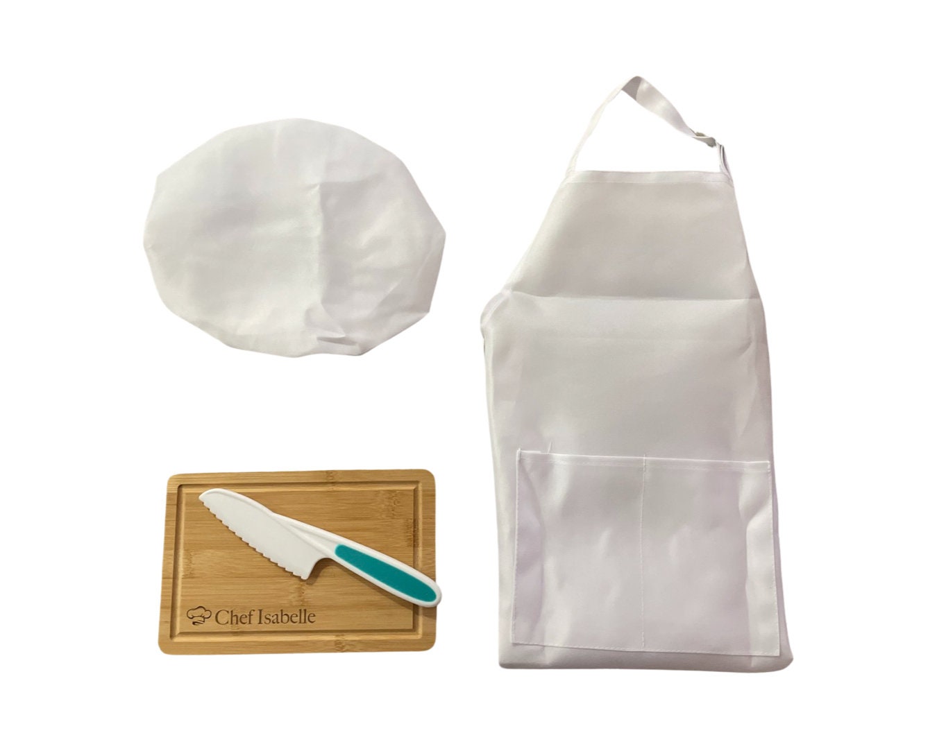 Kids Personalized Cutting Board Set w/ Plastic Knife, Apron & Chef Hat