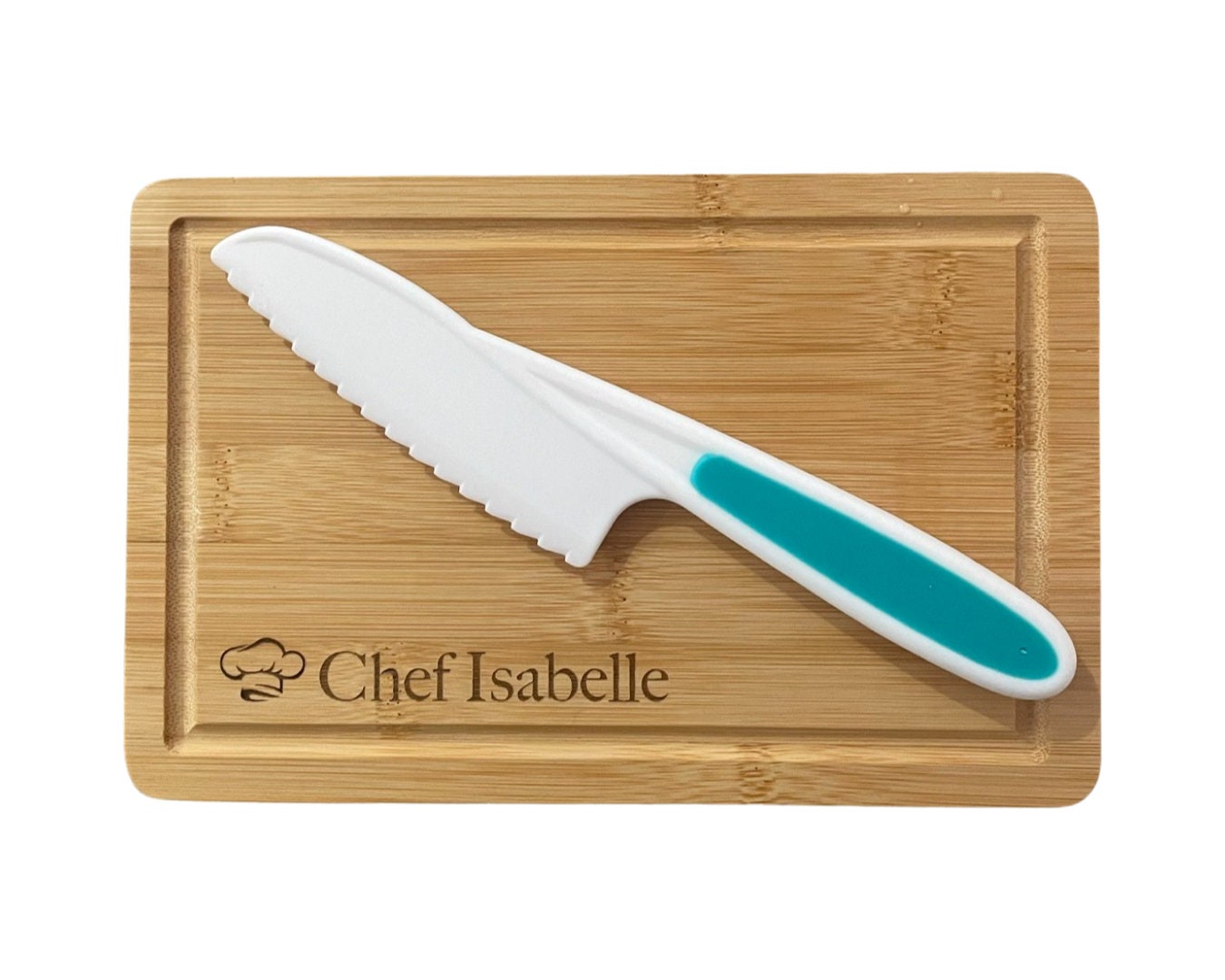 Kids Personalized Cutting Board Set w/ Plastic Knife, Apron & Chef Hat