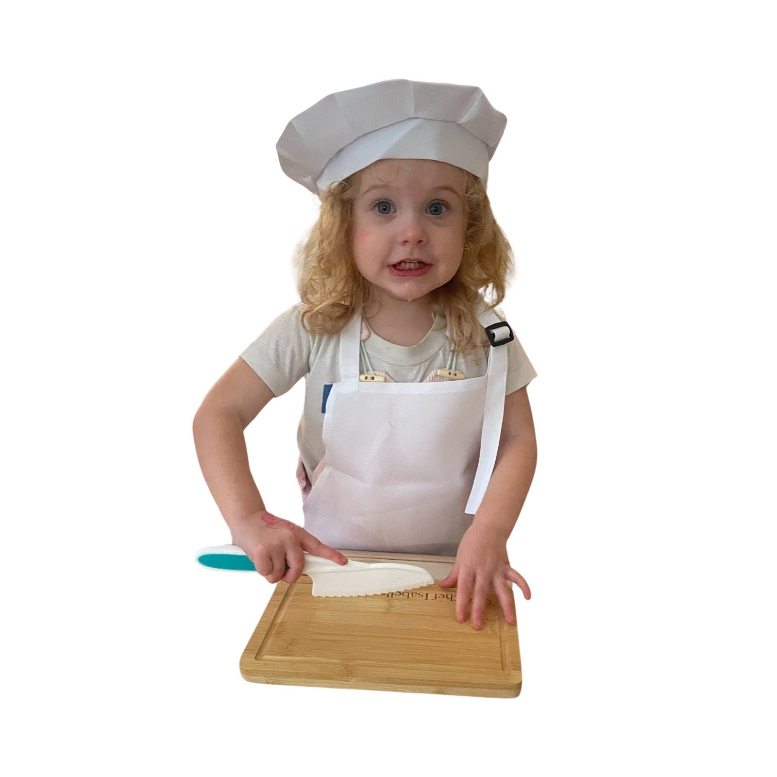 Kids Personalized Cutting Board Set w/ Plastic Knife, Apron & Chef Hat