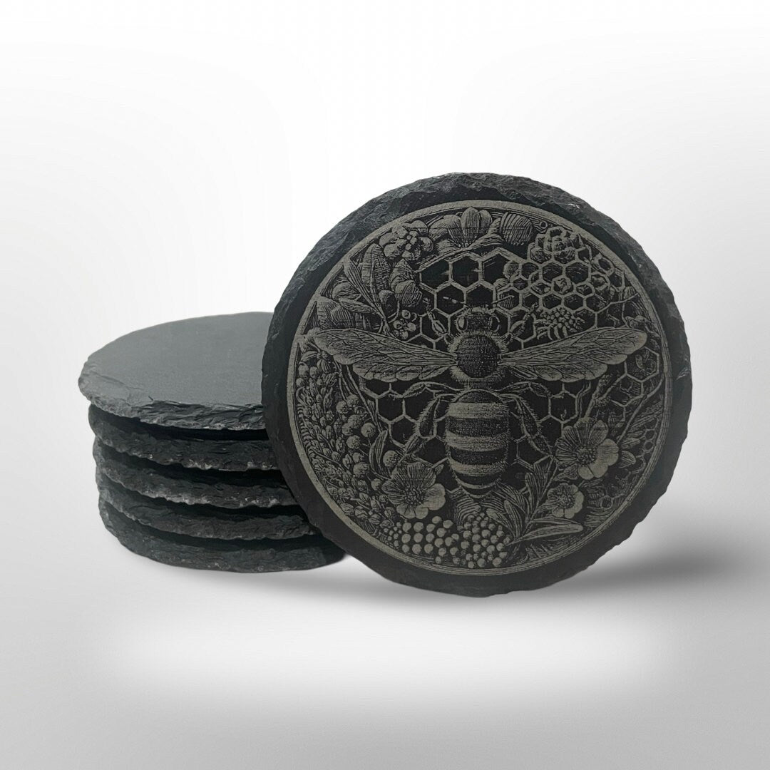 Honey Bee Slate Coaster Set w/ Holder