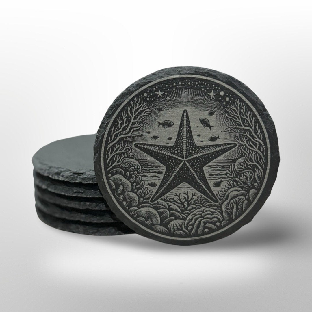 Ocean Animal Slate Coaster Set w/ Holder