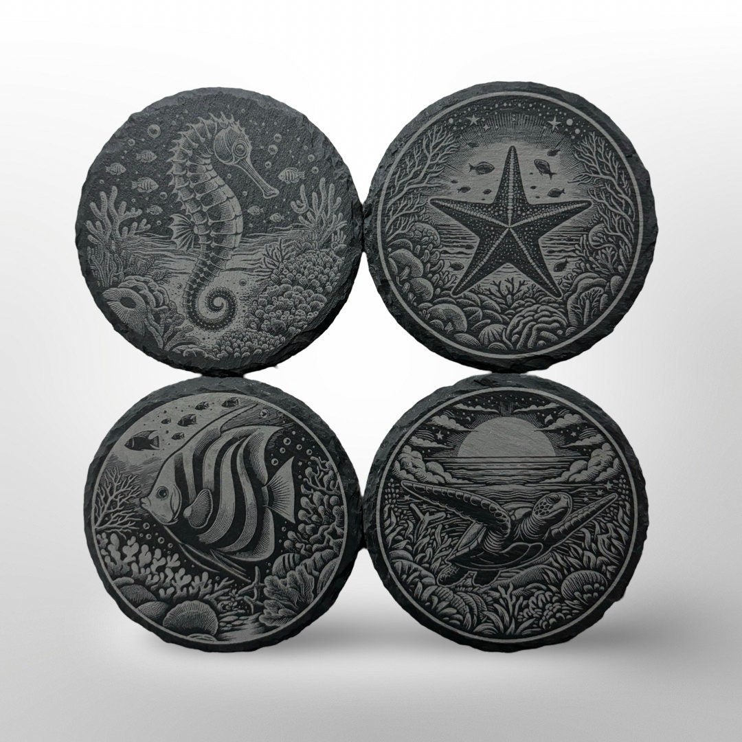 Ocean Animal Slate Coaster Set w/ Holder