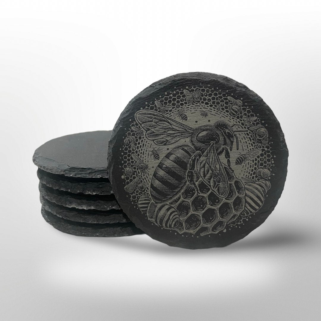 Honey Bee Slate Coaster Set w/ Holder