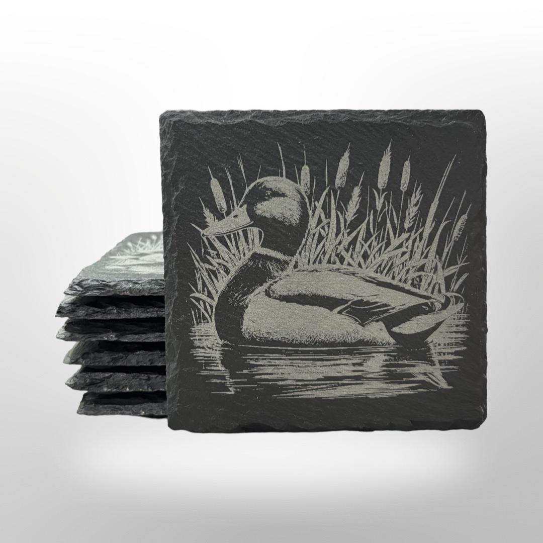 Mallard Duck Slate Coaster Set  w/ Holder