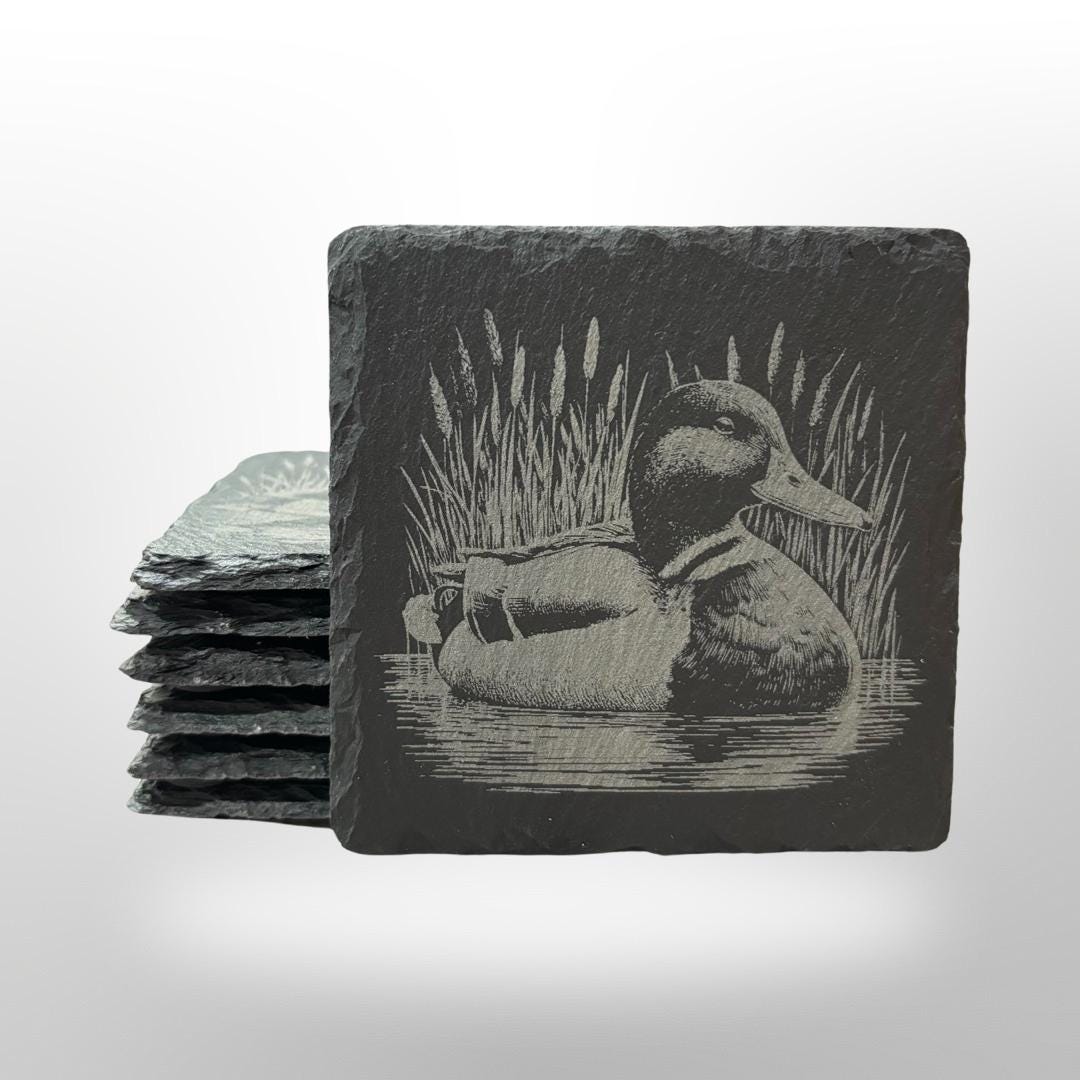 Mallard Duck Slate Coaster Set  w/ Holder