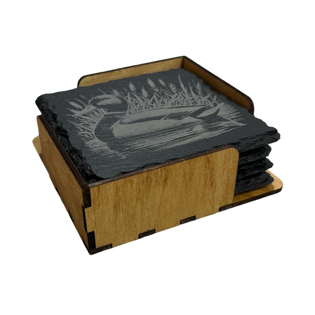 Mallard Duck Slate Coaster Set  w/ Holder