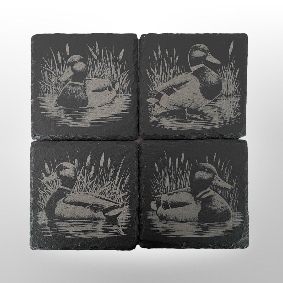 Mallard Duck Slate Coaster Set  w/ Holder
