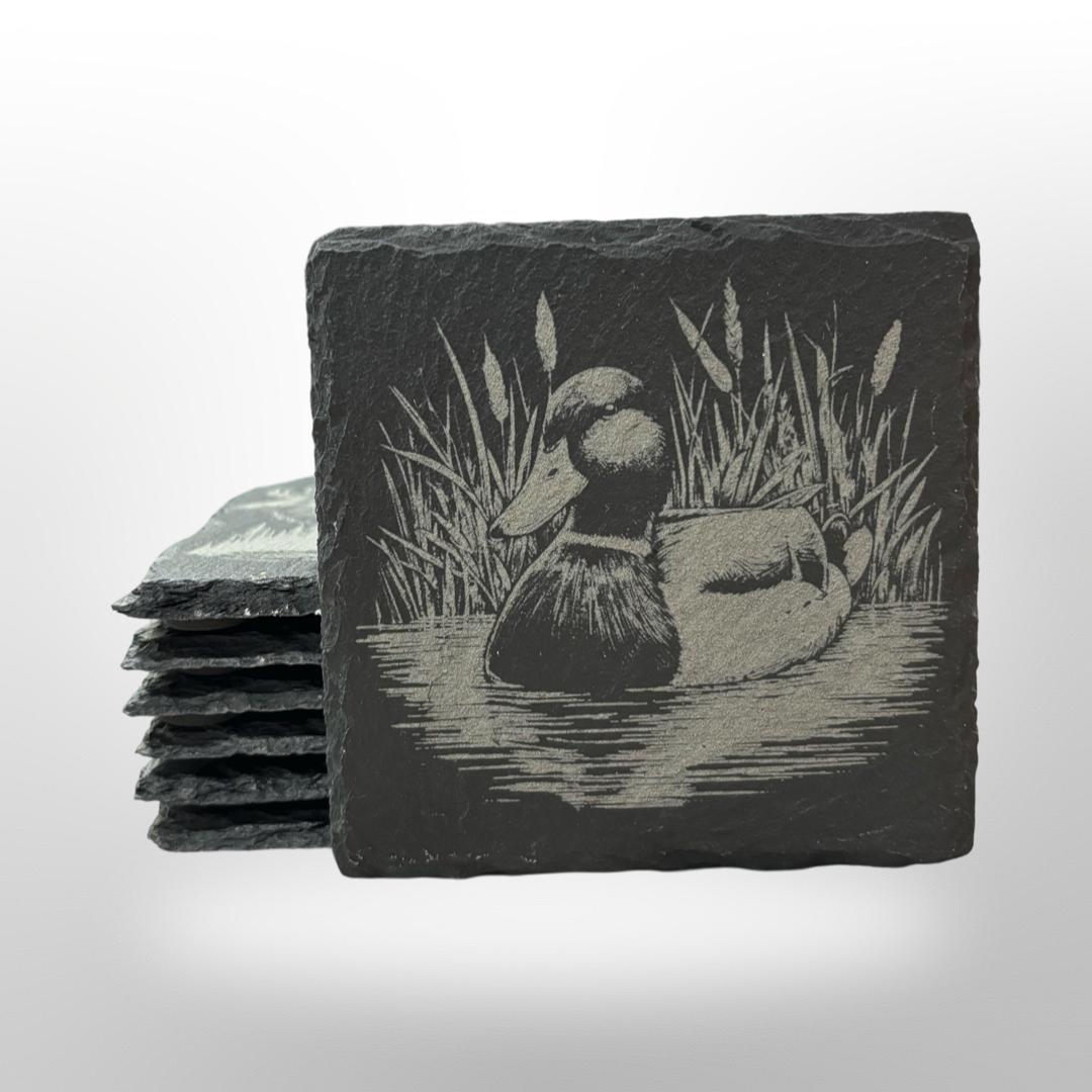 Mallard Duck Slate Coaster Set  w/ Holder