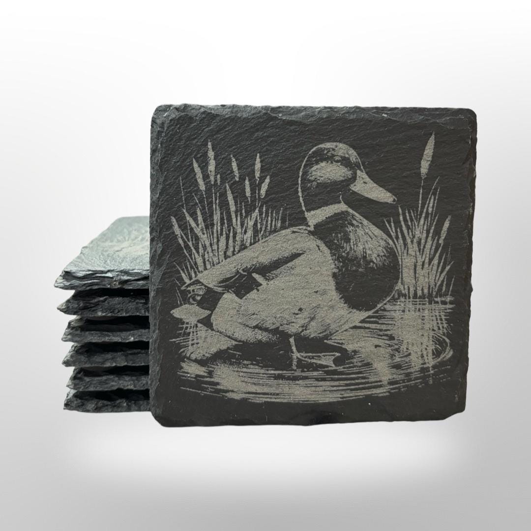 Mallard Duck Slate Coaster Set  w/ Holder