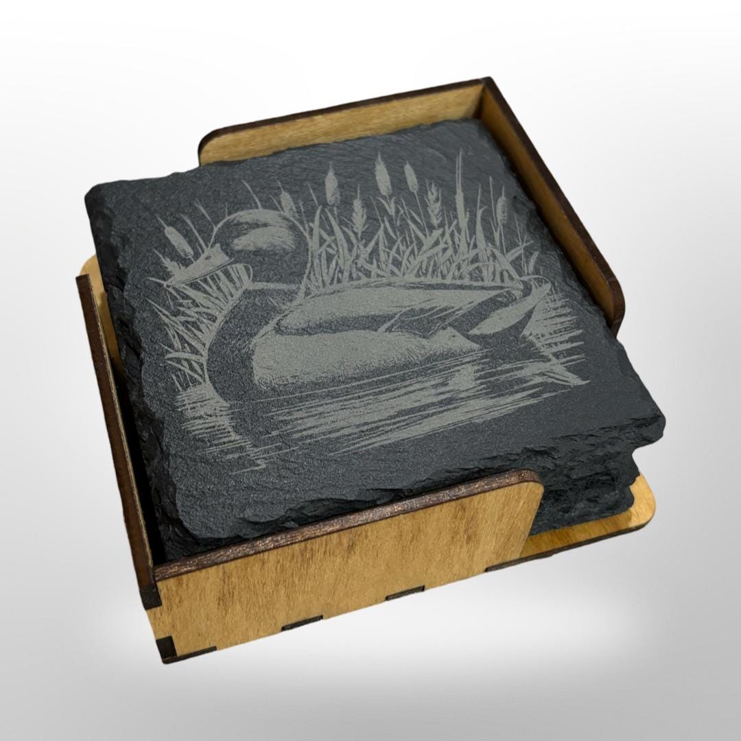 Mallard Duck Slate Coaster Set  w/ Holder