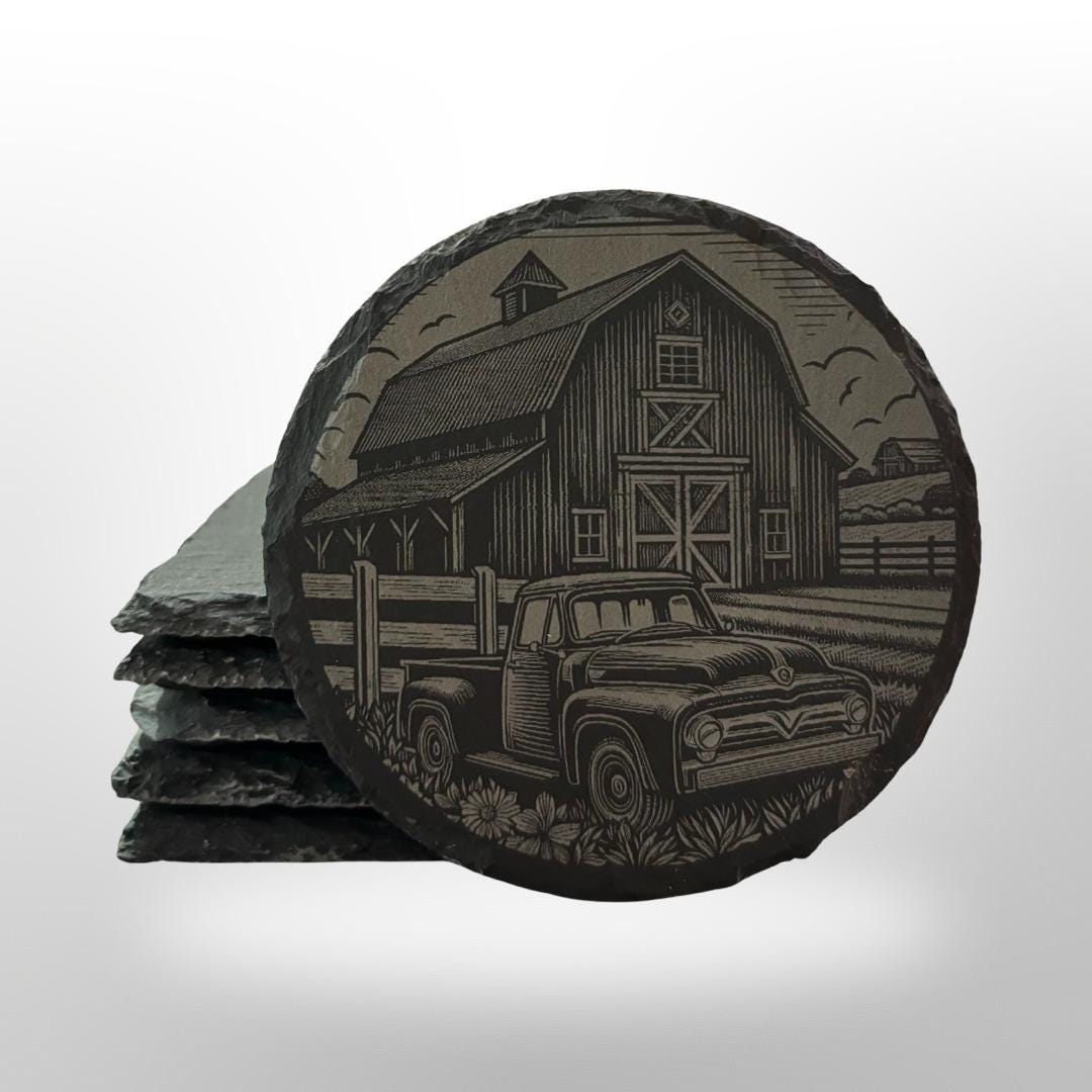 Farm House Slate Coaster Set w/ Holder