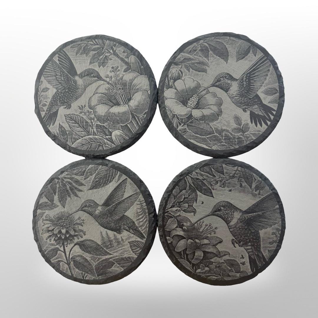 Hummingbird Slate Coaster Set w/ Holder