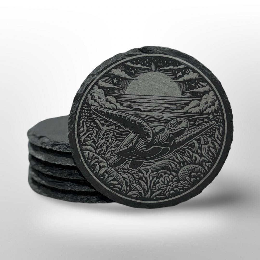 Ocean Animal Slate Coaster Set w/ Holder
