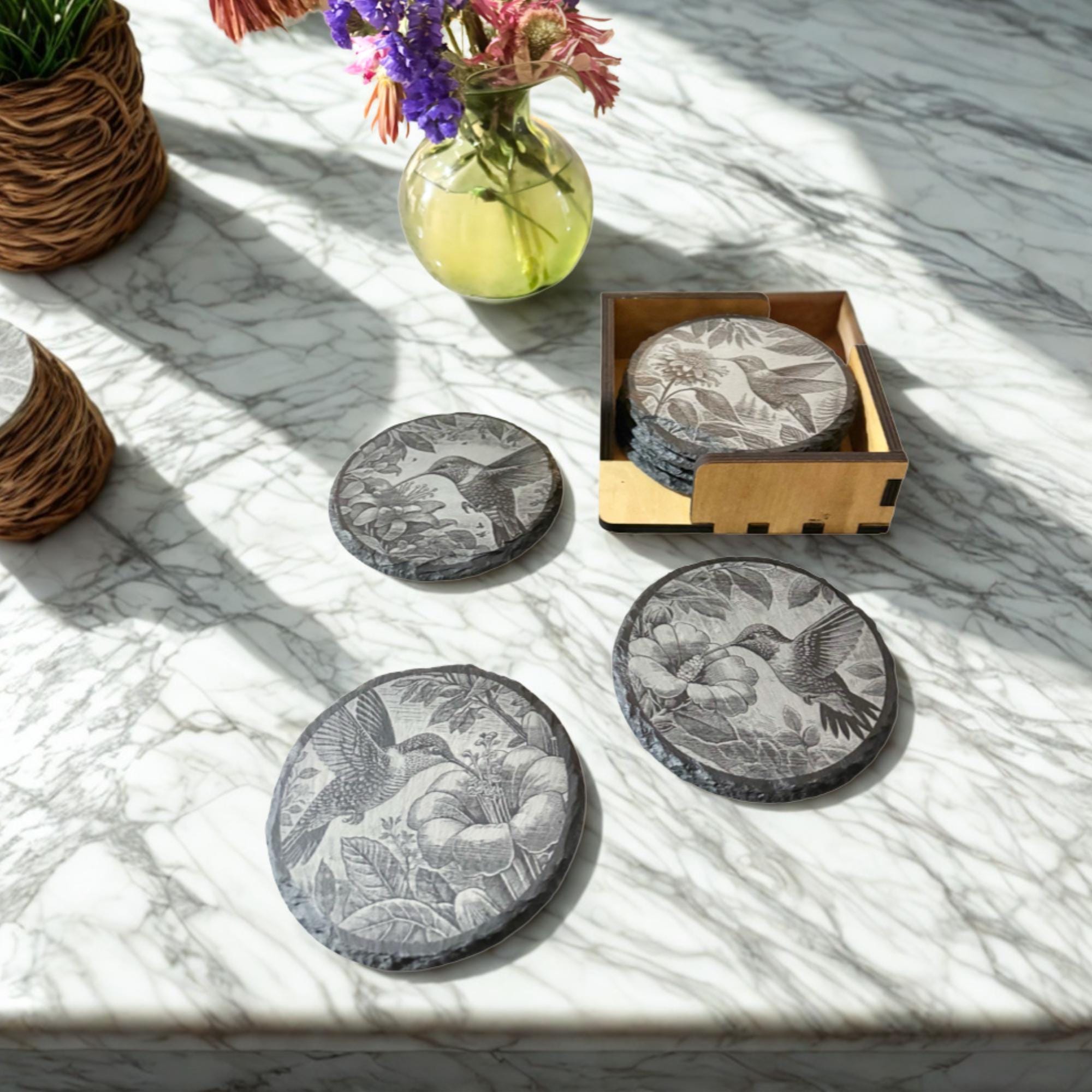 Hummingbird Slate Coaster Set w/ Holder