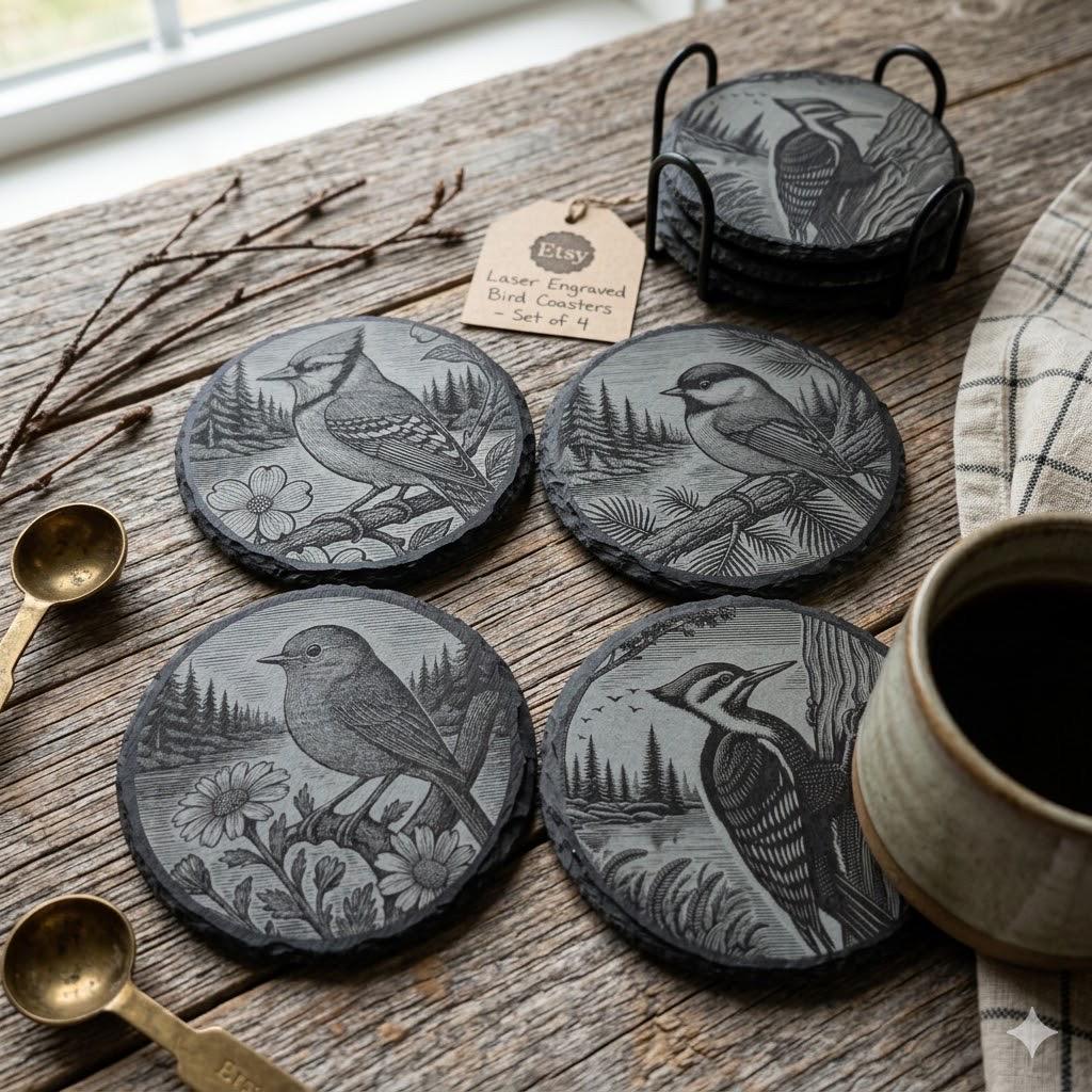 Yard Bird Slate Coaster Set w/ Holder
