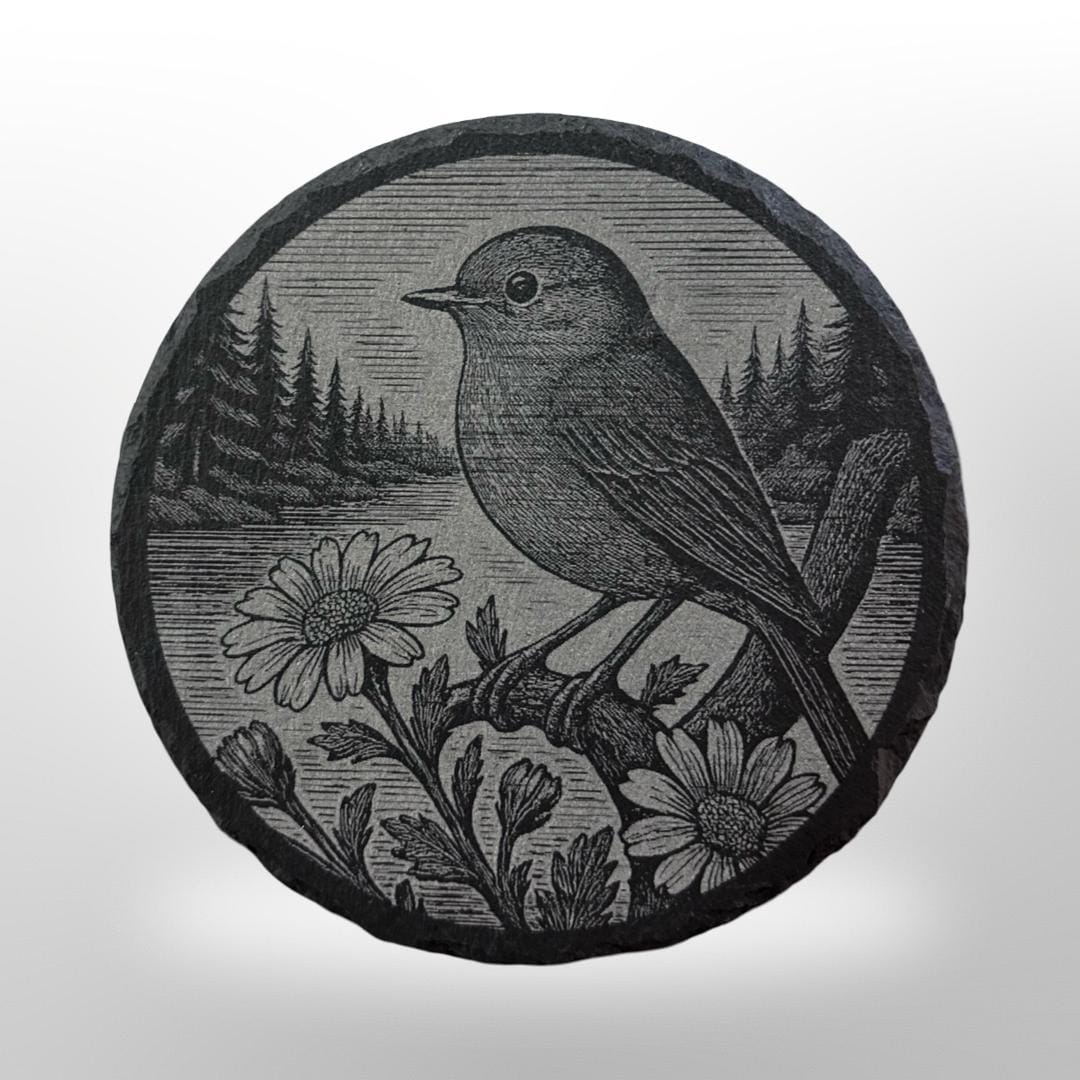 slate coaster with a songbird engraved onto it. 