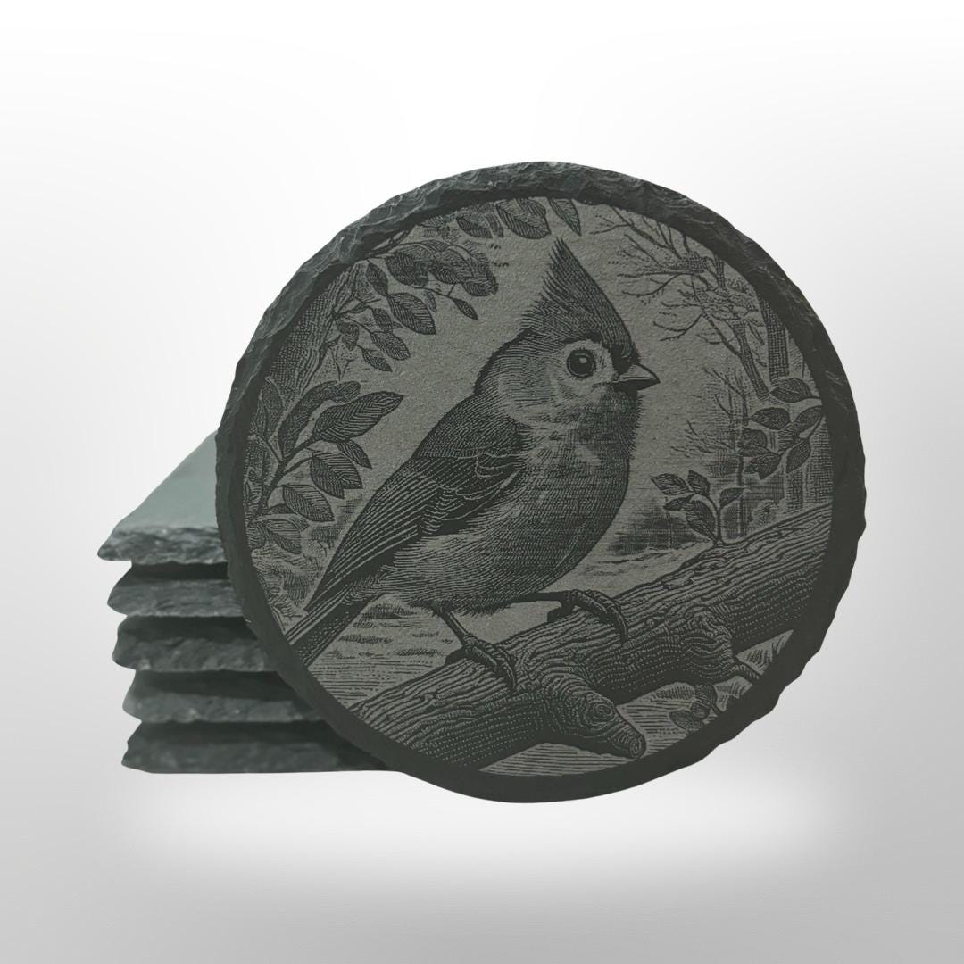 Slate coaster with a tufted titmouse engraved onto it